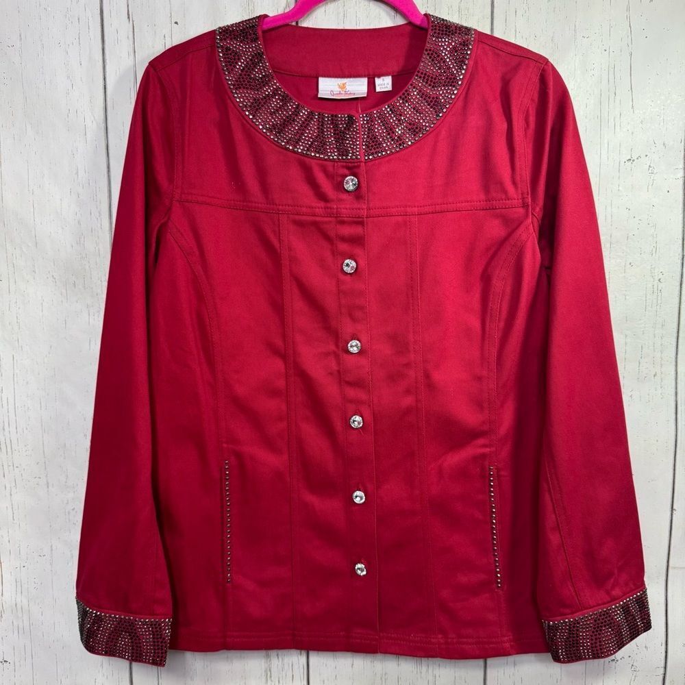 Quacker Factory Red Embellished Jacket Rhinestone Collar Cuffs Button Front S